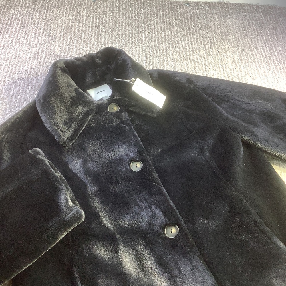 Vince Black Faux Fur Button‎ Front Teddy Jacket Coat Womens Size L NWT